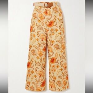 Zimmermann Orange Junie Belted Cropped Floral Linen Wide-Leg Pants, Size 2